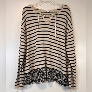 J. Jill Sweater Cream Blue Stripe Lace up Nautical Lightweight Cotton Women’s XL